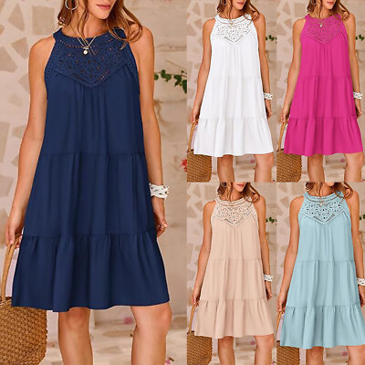 #ad Womens Sleeveless Hollow Tank Mini Dress Ladies Summer Beach Holiday Sundress US $24.41