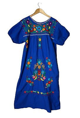 #ad Vintage Mexican Womens Maxi Dress Colorful Embroidered Floral Short Sleeve Large $25.99
