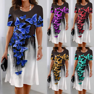 #ad Women Butterfly Print A line Party Dress Short Sleeve Summer Casual Loose Dress $24.12