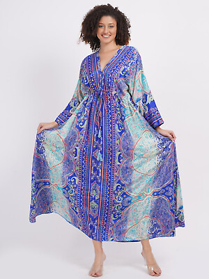 #ad Women Long Maxi Dress Long Sleeve V Neck Printed Dress with Drawstring Assorted $42.94