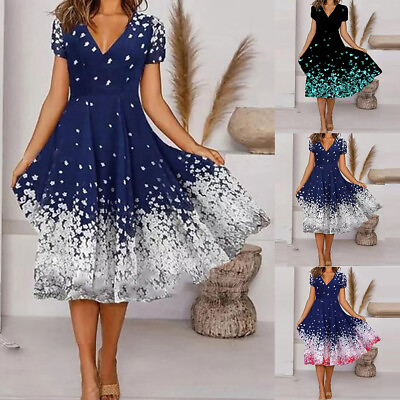 #ad Womens Floral V Neck Midi Dress Ladies Evening Party Cocktail Dresses Plus Size $20.99