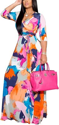 #ad BFFBABY Women#x27;s Wrap V Neck Plus Size Maxi Dresses 3 4 Sleeves Chain Floral Prin $87.78