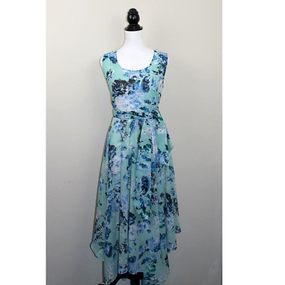 #ad Green Floral Summer Dress Handkerchief Hem Midi Sleeveless Dress BNWT Size 14 GBP 11.99