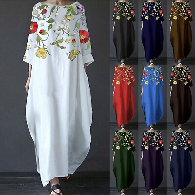 #ad Women#x27;s Summer Dress Cotton Crew Neck Vintage Flower 3 4 Sleeve Long Maxi Dress $20.36