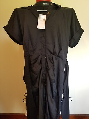 #ad BTFB Women#x27;s Black Sz M Short Sleeve Front Ruched Self Tie Maxi Dress NWT $19.99