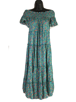 Easel Tiered Off The Shoulder Midi Boho Dress Women#x27;s Size M Floral Blue $21.00