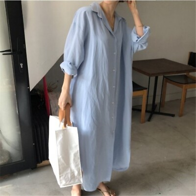 #ad Women Long Sleeve Maxi Dress Cotton Linen Lapel Shirt DressButton Loose Casual $33.11