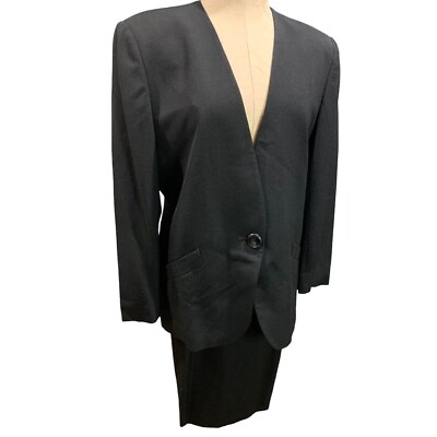 Size 14P Jones New York Petite Women#x27;s Black 2 Piece Wool Skirt Suit Black 1990s $39.00