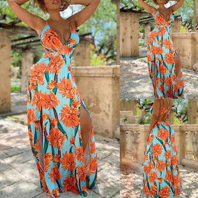 #ad Women#x27;s Boho Floral V Neck Split Maxi Dress Ladies Holiday Beach Casual Sundress $37.18