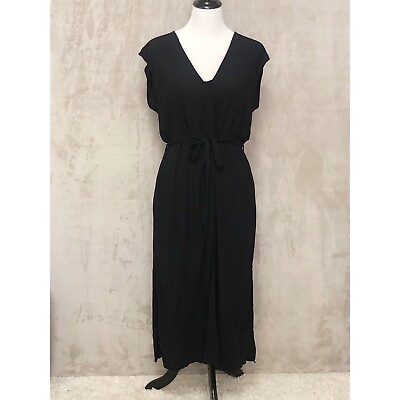 #ad NWT Tavik Leeman Midi Black Dress Sz Medium Black Hidden Button Front Tie Waist $35.00