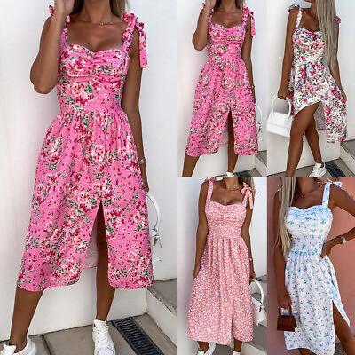 #ad Womens Summer Floral Boho Strappy Midi Sundress Ladies Holiday Beach Split Dress $11.09