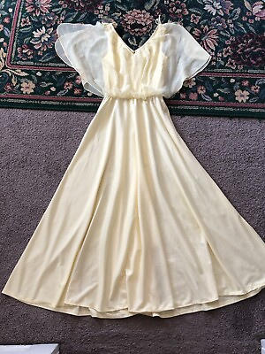 Vintage Montgomery Ward Dress M L Yellow Maxi Slit Chiffon Layer Scoop Neck $56.00