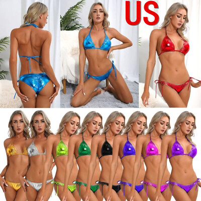 #ad US Sexy Women Shiny Metallic Bikini Sets Lace Up Side Triangle 2 Pieces Swimsuit $7.35