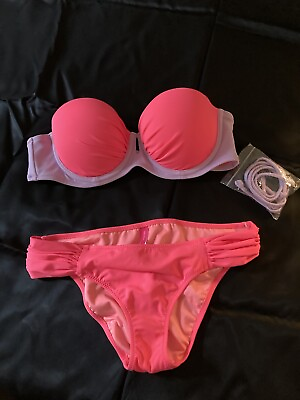 New Victoria Secret Bikini Top 36A Bottom Small S Neon Pink Solid Push Up Padded $39.99