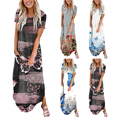 #ad Womens Holiday Sundress Long Maxi Dresses Ladies Side Slit T shirt Dress Boho $23.74