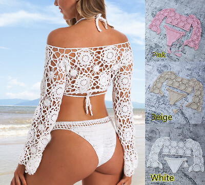 #ad Handmade Crochet Bikini Set Women Boho Sexy cover up Bell Sleeve Beach clothing $22.90