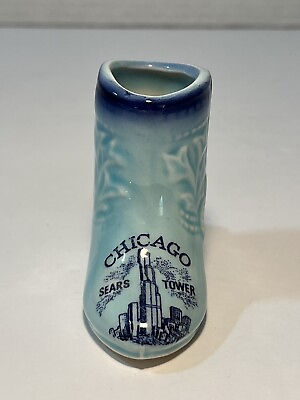 #ad Vintage Chicago Sears Tower Ceramic Souvenir Cowboy Boot Blue Toothpick Holder $10.99