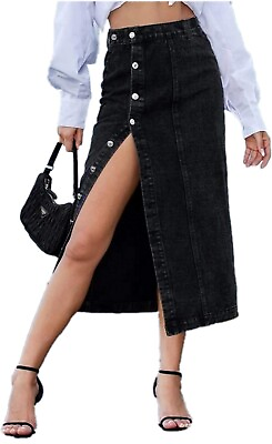 #ad #ad Women Midi Skirt Denim Skirts Ladies Stretch Beach High Waist Button Down BR1 $34.99