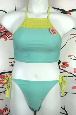 Bobbie Brooks NEW 2PC Athletic Bikini Women#x27;s Size L Aqua Yellow Crochet Accent $5.00