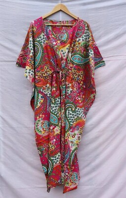 #ad #ad Indian Kaftan Pink Paisley Kaftan Summer Bikini Covers Cotton Maxi Beach Dress $23.96