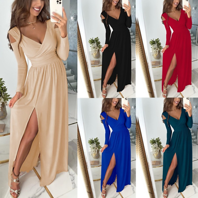 #ad New Women#x27;s Long Sleeve V neck Solid Color High Split Evening Party Long Dress $23.99