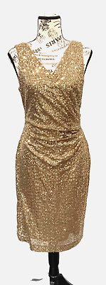 #ad Lauren Ralph Lauren Gold Sequin Ruched Sleeveless Sheath Cocktail Dress 12P $58.95