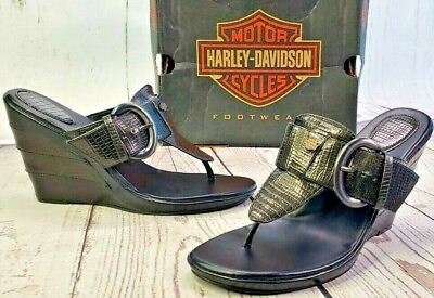 #ad Harley Davidson Joanna Thong Sandal Women Sz 9 Black Reptile Leather w 4quot; Heel $38.77