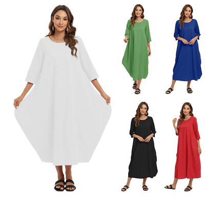 #ad Pullover 3 4 sleeved Dress Autumn Solid Loose Long Maxi Dress Cotton Caftan $35.99