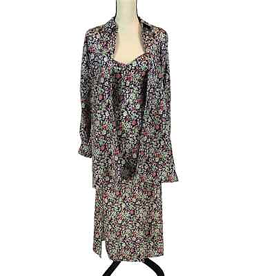 #ad Floral Mock Jacket Long Sleeve Maxi Dress Black Pink Green size 0 $19.00