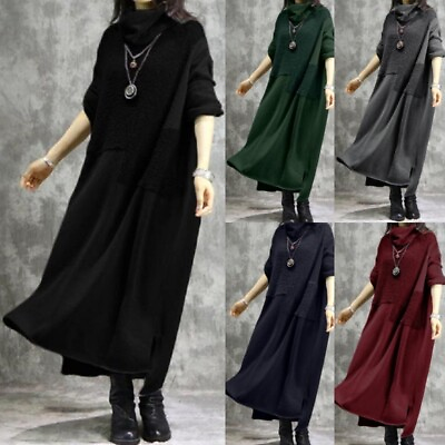 Ladies Long Dress High Neck Maxi Dresses Women Baggy Party Sleeve Slit Casual $47.50