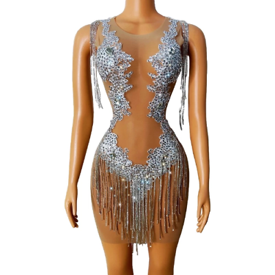 #ad #ad Sparkly Silver Rhinestones Chain Dress Sexy Transparent Prom Evening Women Dress $181.60