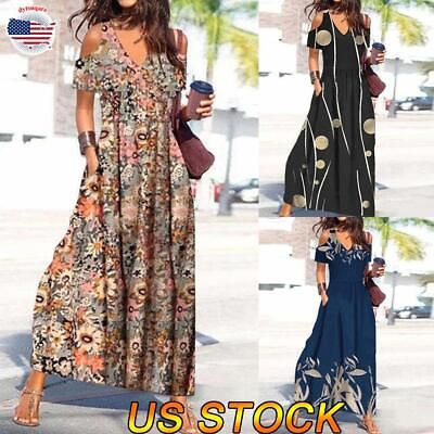 Plus Size Women Boho Floral Maxi Dress Ladies Summer Cold Shoulder Long Sundress $8.54