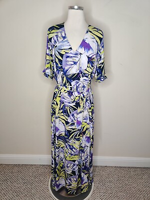 #ad Susan Graver Maxi Dress 2X Floral Tropical Liquid Knit Belted Short Sleeve Plus $22.39