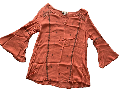 #ad Unity World Wear Boho Blouse Womens Medium 3 4 Butterfly Sleeve Orange Tunic Top $11.95