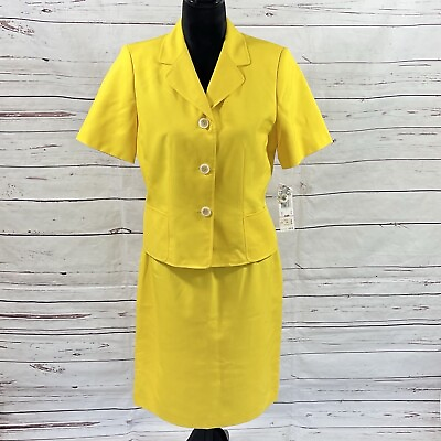 #ad Le Suit 2PC Skirt Suit Petite Women’s 10P Blazer Short Sleeves Yellow NWT $127.00