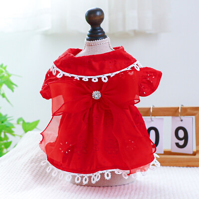 #ad Pet Cat Dog Spring Summer Clothing Thin Red Hollow Out Princess Sleeve Dress $15.17