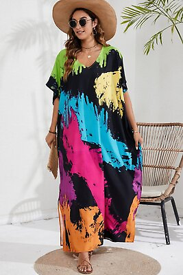 #ad Sheer V Neck Cover Up with Printed Slits for Poolside Glam $27.95
