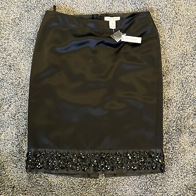 #ad White House Black Market Embellished Zip Black Solid Satin Skirt Women’s 4 $12.00