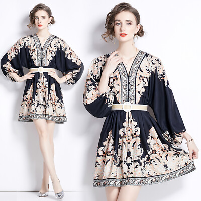 #ad Spring Summer Fall Floral Print V Neck Long Sleeve Women Casual Party Dresses $31.99