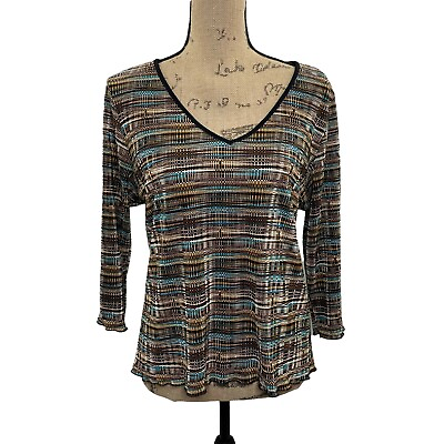 #ad Brittany Black Petite Ladies Top Size PL Stretchy 3 4 Sleeve V Neck Brown Blue $8.44