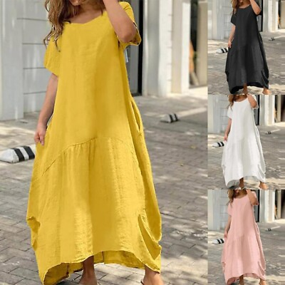 #ad Women Long Dress Plus Size Maxi Dresses Kaftan Short Sleeve Ladies $31.69