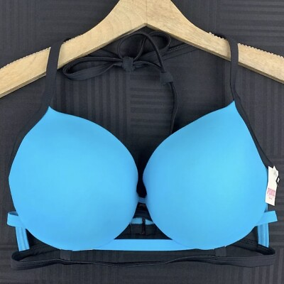 #ad PINK Victoria’s Secret Womens 36DD Blue Black Halter Push Up Swimsuit Bikini Top $30.00