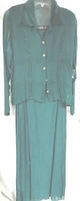 #ad Lola P Long Embroidered Sleeveless Dress Long Sleeve Sheer Jacket Size M Dk Grn $27.50