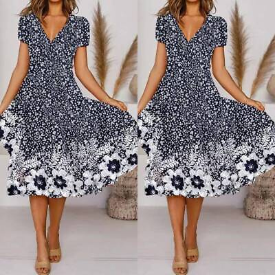 #ad ⭐⭐⭐⭐⭐Womens Floral Print V Neck Swing Dresses Summer Short Sleeve Beach Sundress $18.78