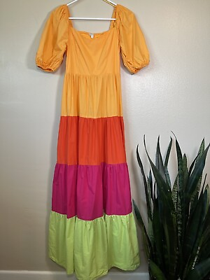 #ad Flying Tomato Tiered Maxi Dress Ombré Mexican Piñata Party Dress Colorblock SZ S $30.00