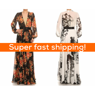 Floral Long Sleeve Maxi Dress With deep v neck Relaxed Fit S M NEW $90.00