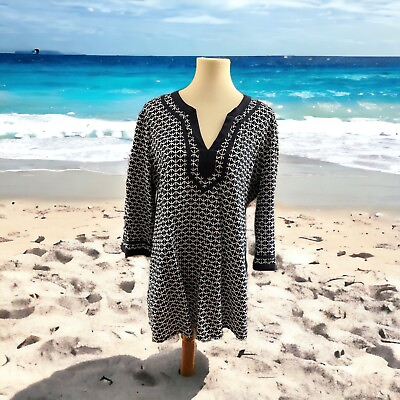 #ad J.Crew Navy Blue amp; White Beach Dress Cover Up Tunic Women#x27;s XL $13.50