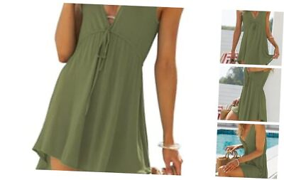 #ad Women#x27;s Beach Cover Up Dress V Neck Sleeveless Bikini Beach Tunic Large Olive $35.97