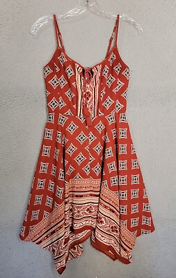 #ad Red Hankerchief Hem Boho Dress XS Xhilaration Smocked Sleeveless Sundress $14.99