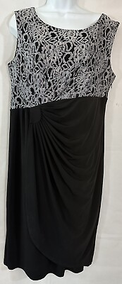 #ad NWT ENFOCUS Plus Size 14W Black Ruched Sheath Cocktail Dress Silver Lace Bodice $22.07